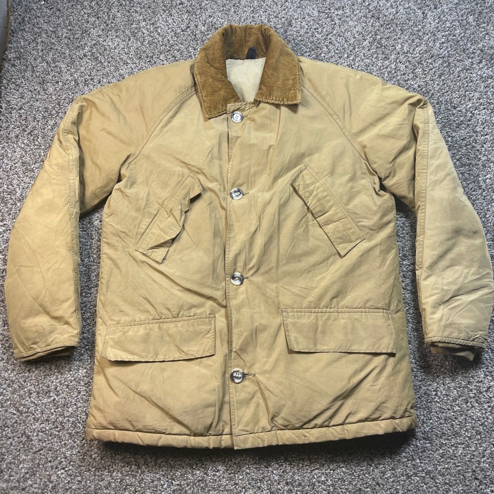 Vintage LL Bean Men's Large Goose Down Field Jacket Tan Corduroy Collar USA Made
